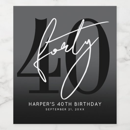 Modern Black 40th Birthday Party ワインラベル (シングルラベル)