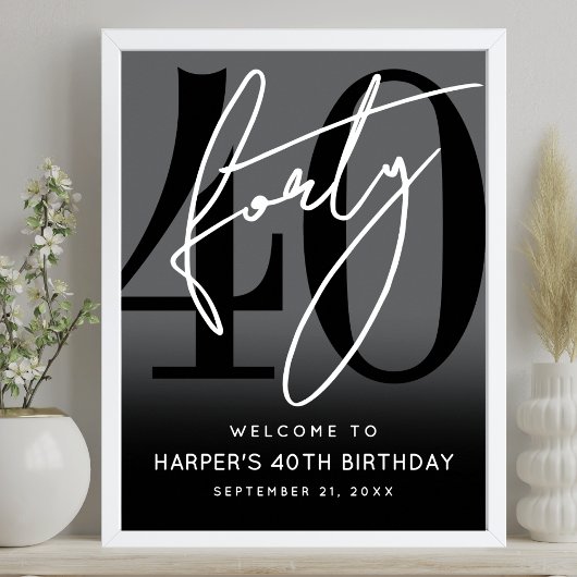Modern Black 40th Birthday Party Welcome Sign ポスター