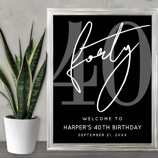 Modern Black 40th Birthday Party Welcome Sign ポスター