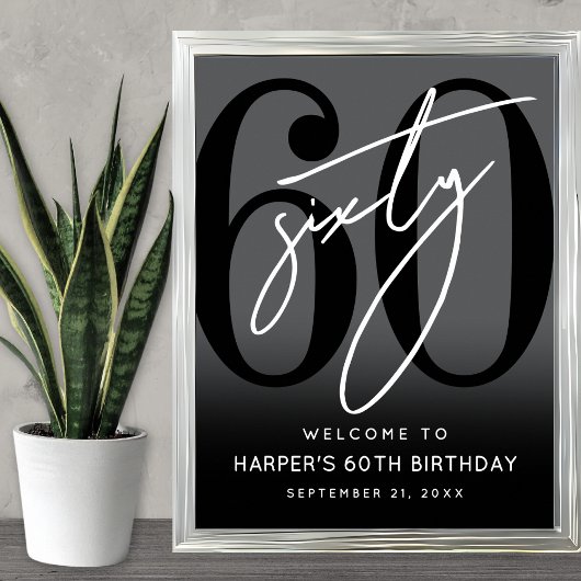 Modern Black 60th Birthday Party Welcome Sign ポスター