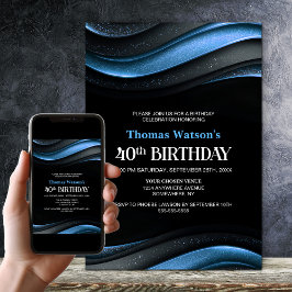 Modern Black and Blue 40th Birthday Party 招待状