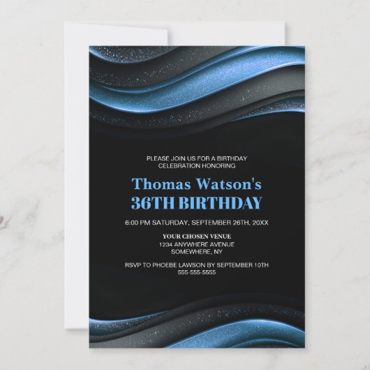 Modern Black and Blue Any Age Birthday Party 招待状 (正面)