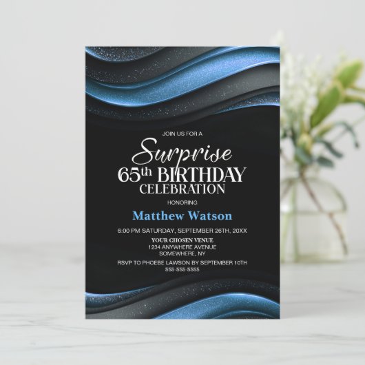 Modern Black and Blue Surprise 65th Birthday Party 招待状 (スタンド正面)