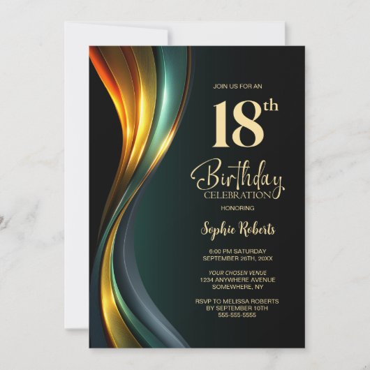 Modern Black and Gold 18th Birthday Party 招待状 (正面)