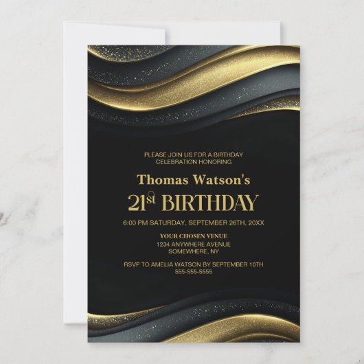 Modern Black and Gold 21st Birthday Party 招待状 (正面)