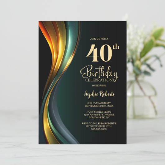 Modern Black and Gold 40th Birthday Party 招待状 (スタンド正面)