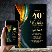 Modern Black and Gold 40th Birthday Party 招待状