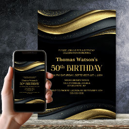 Modern Black and Gold 50th Birthday Party 招待状