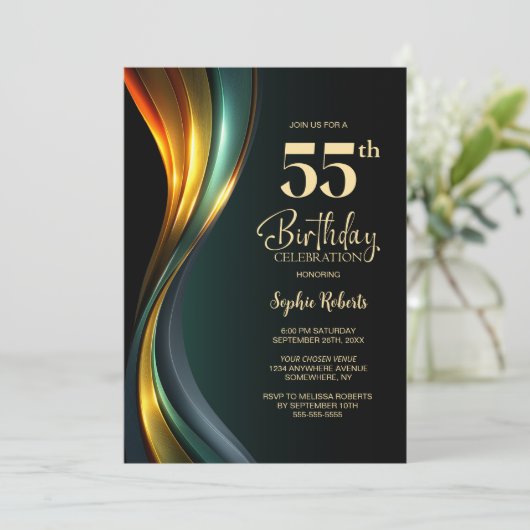 Modern Black and Gold 55th Birthday Party 招待状 (スタンド正面)
