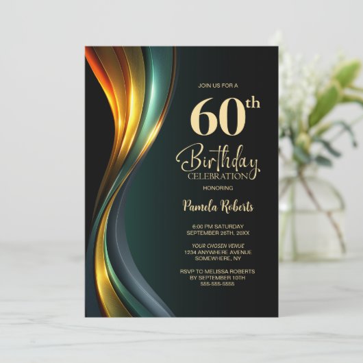 Modern Black and Gold 60th Birthday Party 招待状 (スタンド正面)