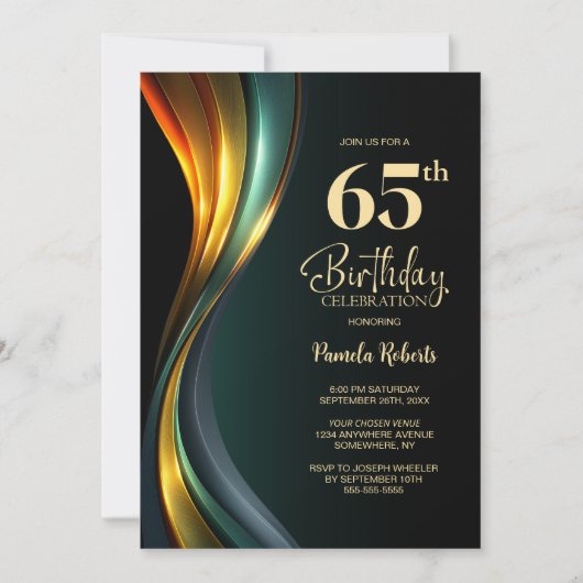 Modern Black and Gold 65th Birthday Party 招待状 (正面)