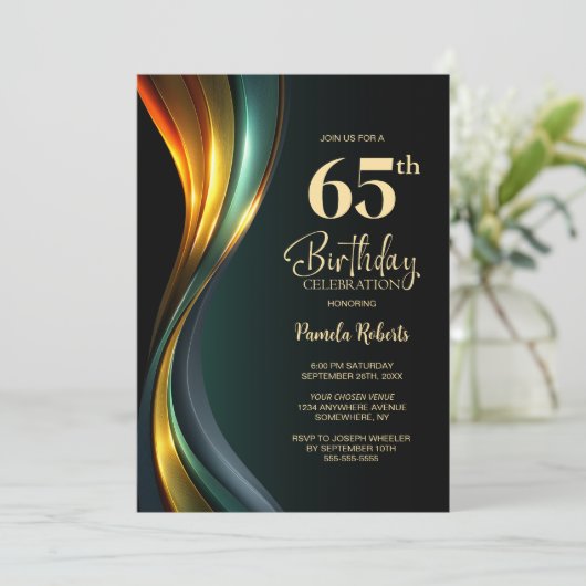 Modern Black and Gold 65th Birthday Party 招待状 (スタンド正面)