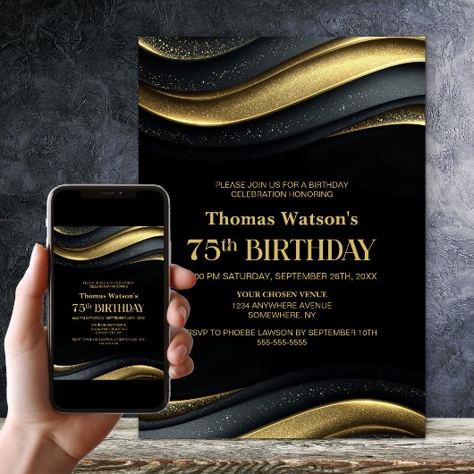 Modern Black and Gold 75th Birthday Party 招待状
