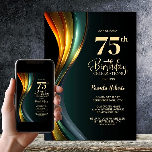 Modern Black and Gold 75th Birthday Party 招待状