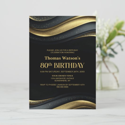 Modern Black and Gold 80th Birthday Party 招待状 (スタンド正面)