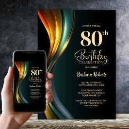Modern Black and Gold 80th Birthday Party 招待状