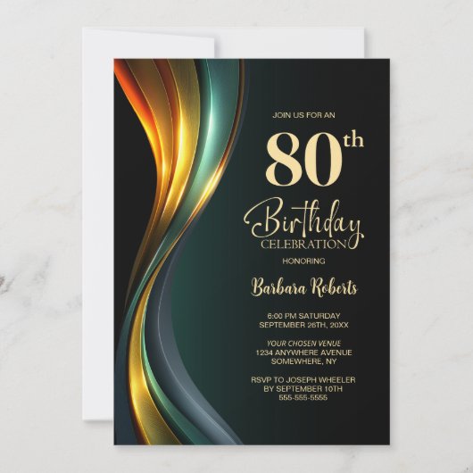 Modern Black and Gold 80th Birthday Party 招待状 (正面)