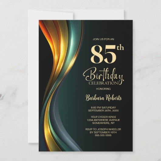 Modern Black and Gold 85th Birthday Party 招待状 (正面)