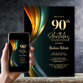 Modern Black and Gold 90th Birthday Party 招待状
