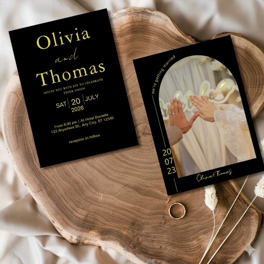 Modern Black and Gold Elegant Wedding Invitation サンキューカード