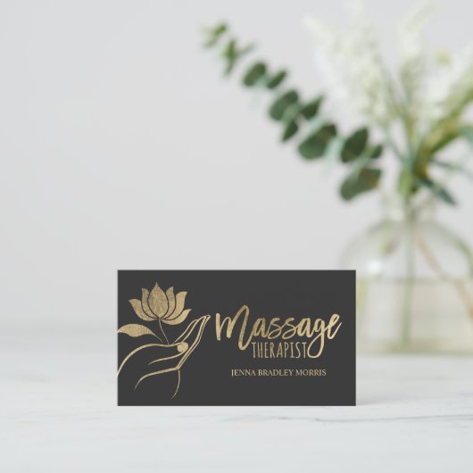 Modern Black and Gold Foil Massage Therapist Logo 名刺 (スタンド正面)