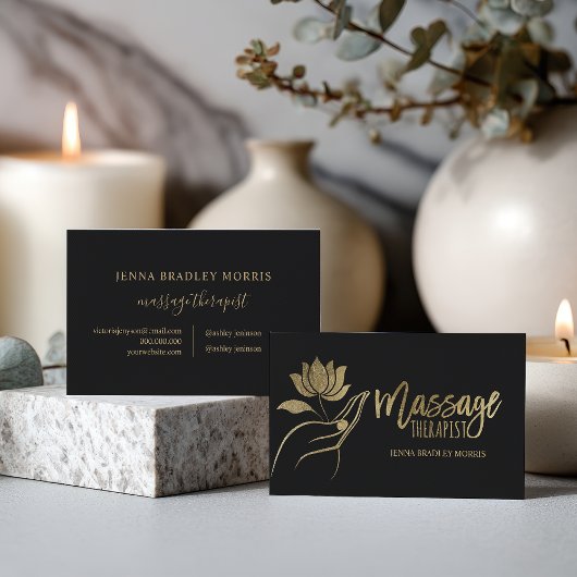 Modern Black and Gold Foil Massage Therapist Logo 名刺
