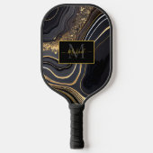 Modern Black and Gold Marbled Monogram ピックルボールラケット (正面)