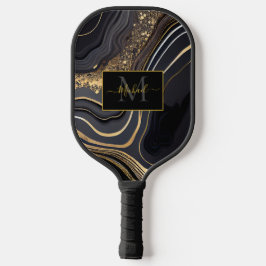 Modern Black and Gold Marbled Monogram ピックルボールラケット