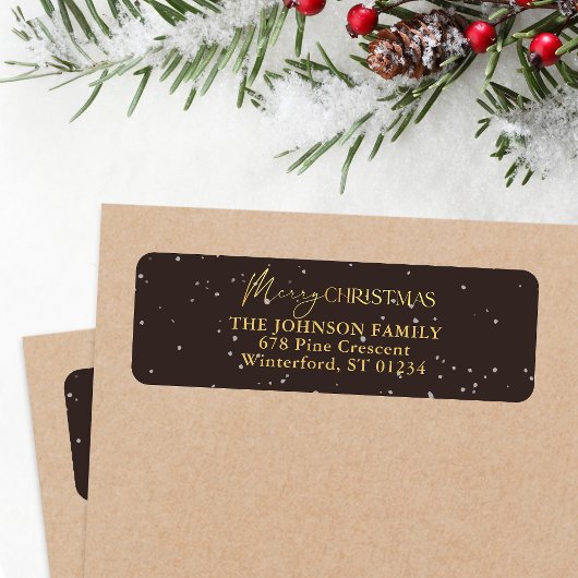 Modern Black and Gold Merry Christmas Address ラベル