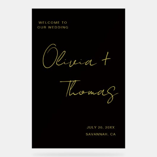 Modern Black and Gold Script Wedding Welcome Sign アクリルサイン (正面)