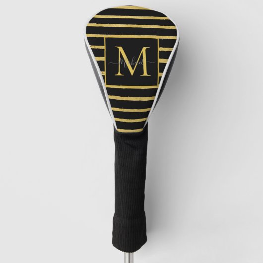 Modern Black and Gold Striped Monogram Name ゴルフヘッドカバー (正面)