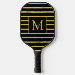 Modern Black and Gold Striped Monogram Name ピックルボールラケット