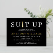 Modern Black and Gold Suit Up Bachelor Party Real 箔招待状 (立ち正面)