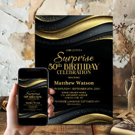 Modern Black and Gold Surprise 50th Birthday Party 招待状