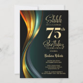 Modern Black and Gold Surprise 75th Birthday Party 招待状 (正面)