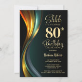 Modern Black and Gold Surprise 80th Birthday Party 招待状 (正面)
