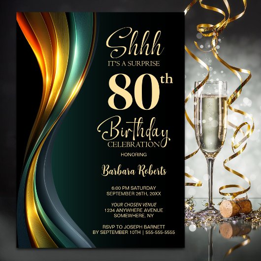 Modern Black and Gold Surprise 80th Birthday Party 招待状