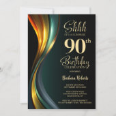 Modern Black and Gold Surprise 90th Birthday Party 招待状 (正面)