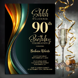 Modern Black and Gold Surprise 90th Birthday Party 招待状