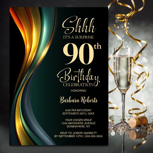 Modern Black and Gold Surprise 90th Birthday Party 招待状