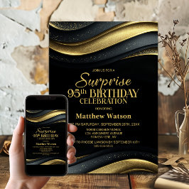 Modern Black and Gold Surprise 95th Birthday Party 招待状