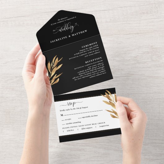 Modern Black and Gold Wedding with Perforated RSVP オールインワン招待状 (貼ってはがせる)