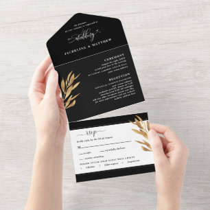 Modern Black and Gold Wedding with Perforated RSVP オールインワン招待状