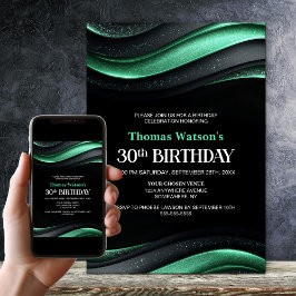 Modern Black and Green 30th Birthday Party 招待状