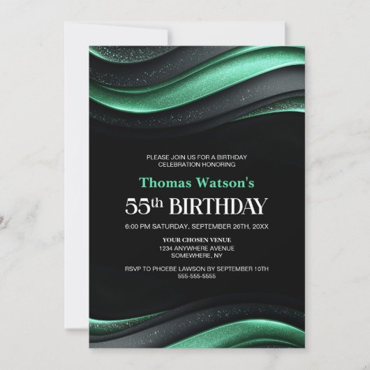 Modern Black and Green 55th Birthday Party 招待状 (正面)