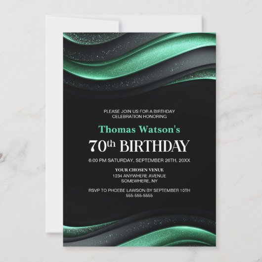 Modern Black and Green 70th Birthday Party 招待状 (正面)