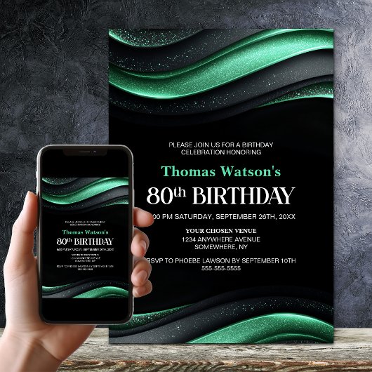 Modern Black and Green 80th Birthday Party 招待状