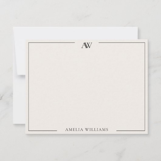 Modern Black and Ivory Minimalist Elegant Monogram ノートカード (正面)