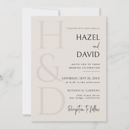 Modern Black and Ivory Monogram Minimalist Wedding 招待状 (正面)