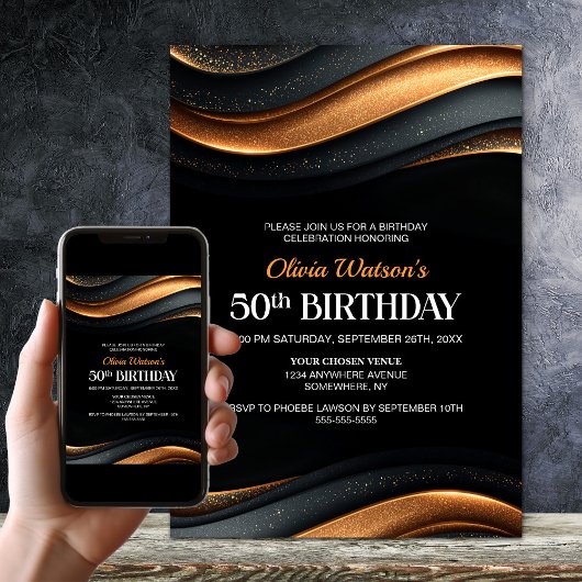 Modern Black and Orange 50th Birthday Party 招待状